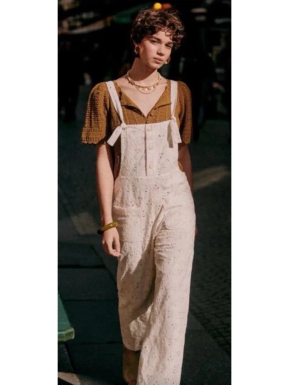 Sezane Brian Eyelet Linen-Blend Overalls in Cream/Ecru
